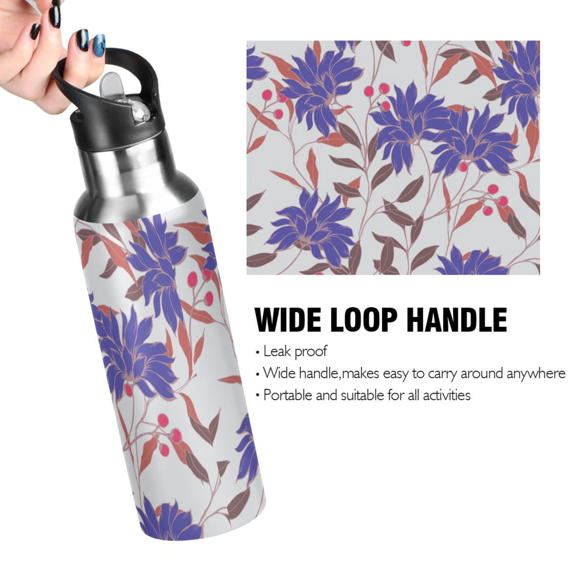 Blue Floral Stainless Steel Insulated Water Bottle with Straw Lid T377995