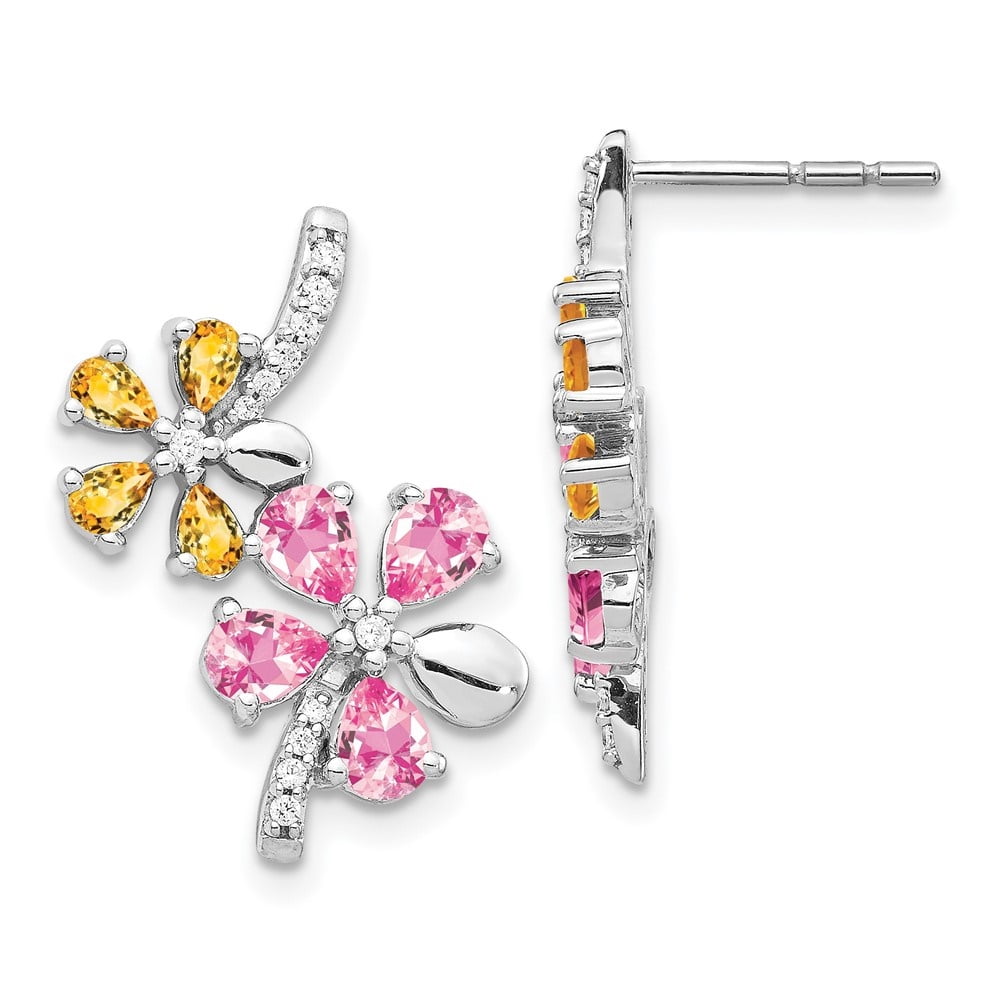 14k White Gold Diamond and Citrine Flower Stud Earrings R383