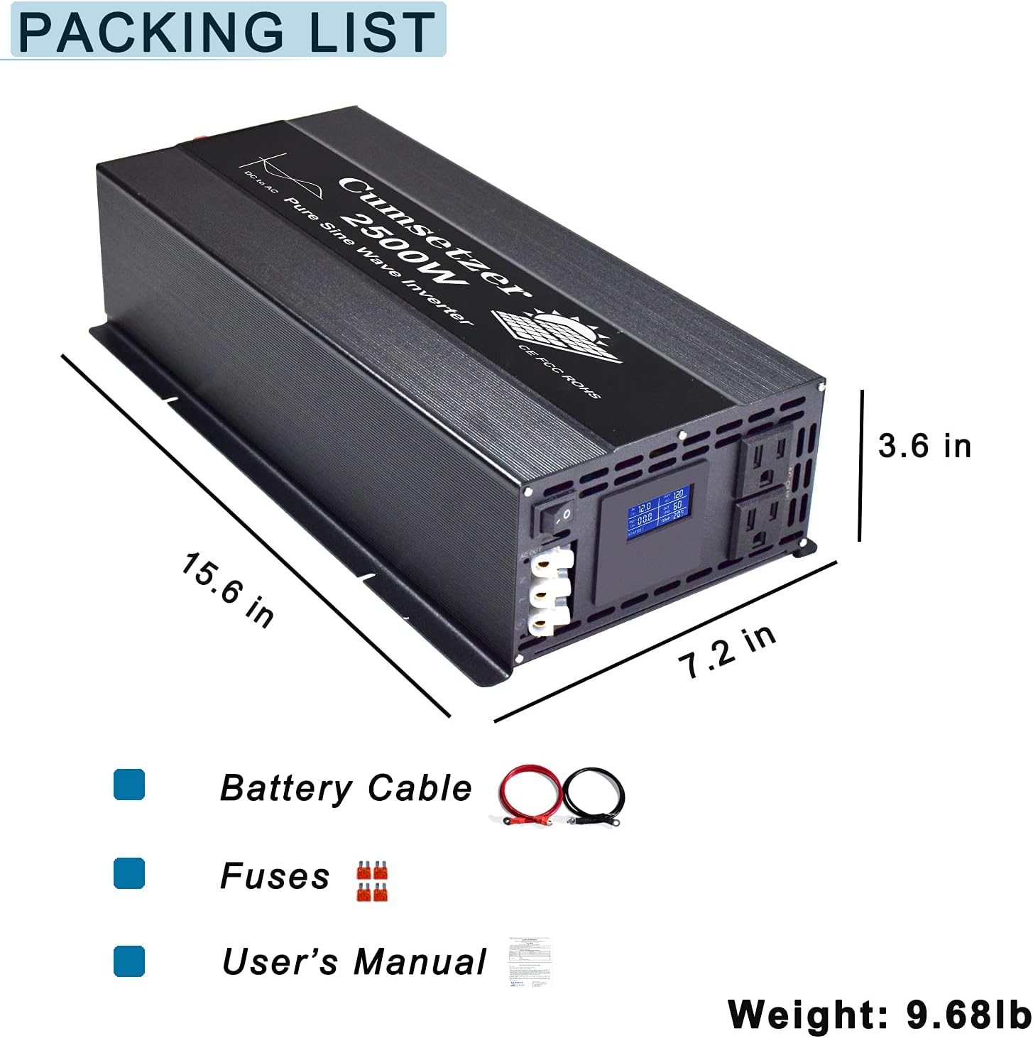 2500w 12v Pure Sine Wave Power Inverter DC to AC 110v 120v with Dual US Outlet, Hardwire Terminal, LCD Display K191458