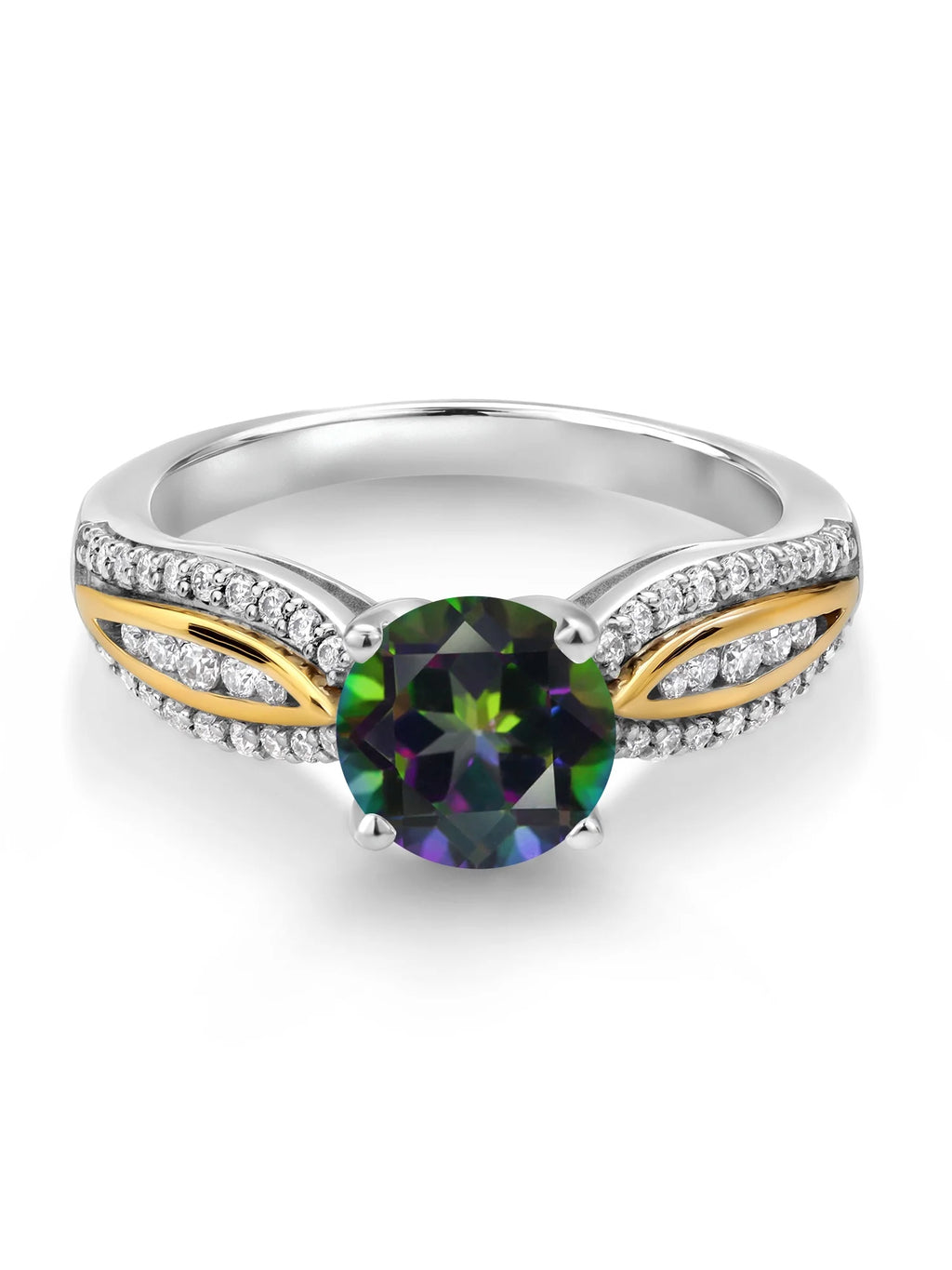 925 Silver 10K Yellow Gold Green Mystic Topaz White Lab Grown Diamond Ring B3996