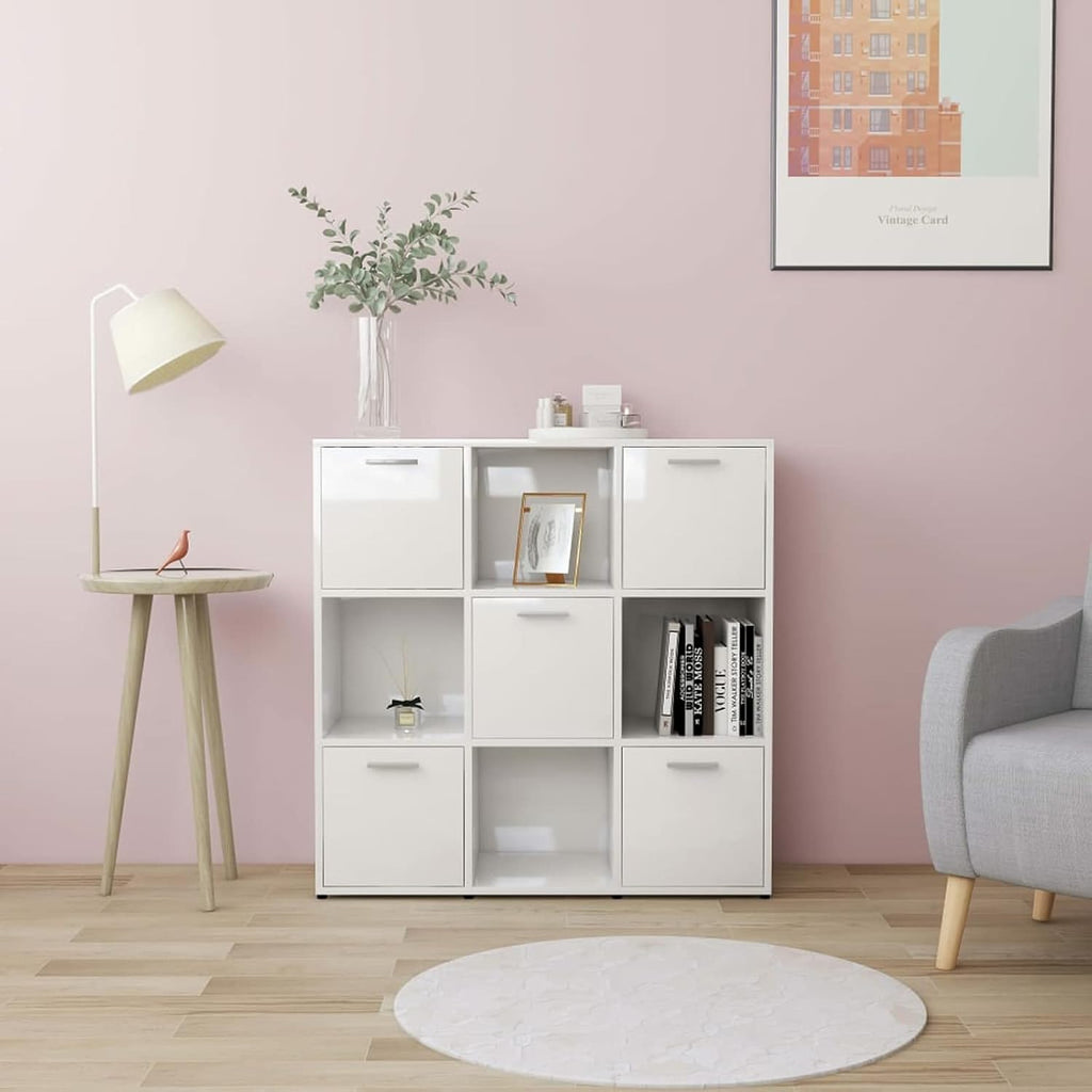 High Gloss White Chipboard Bookcase with Storage Shelves and Door Cabinet W233