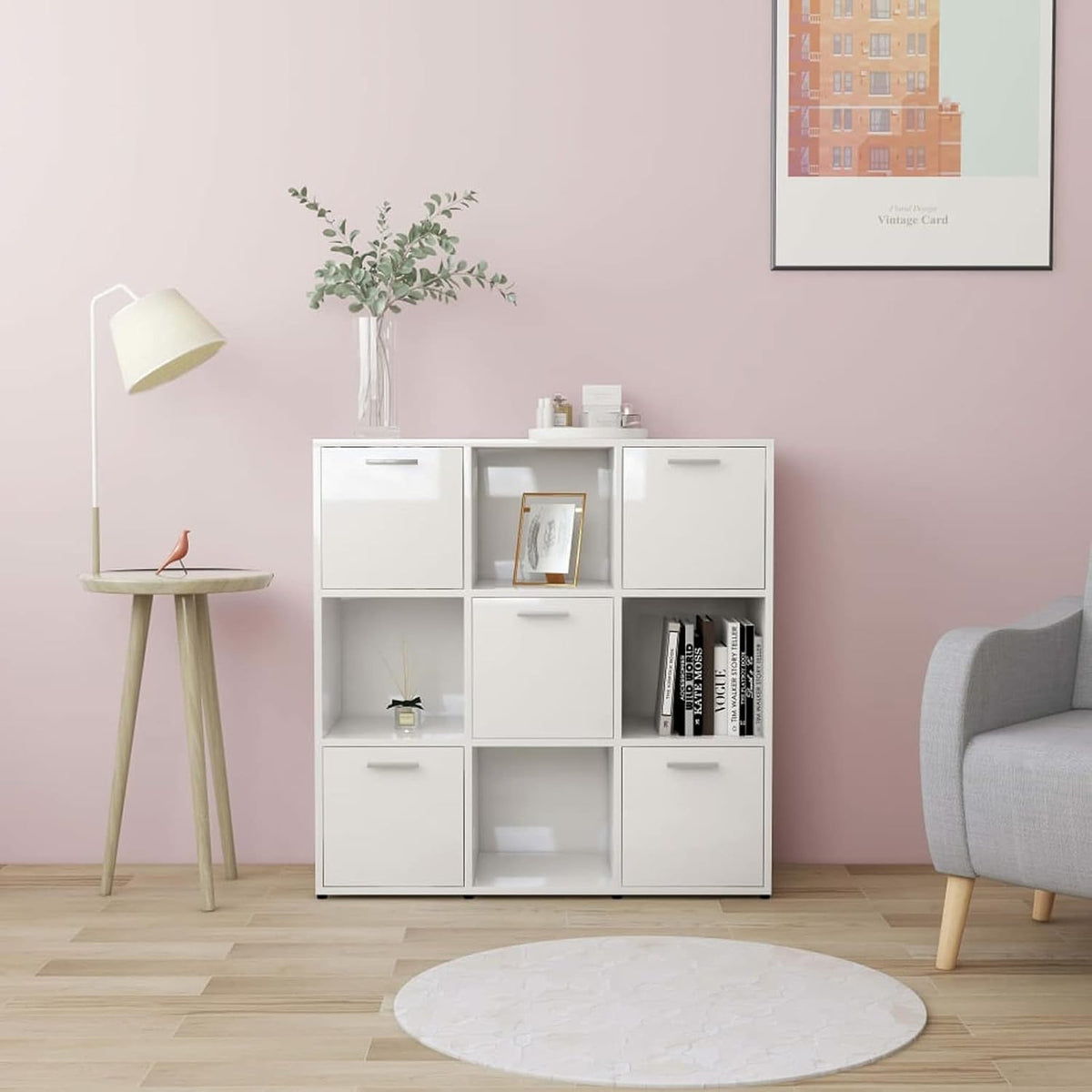 High Gloss White Chipboard Bookcase with Storage Shelves and Door Cabinet W233
