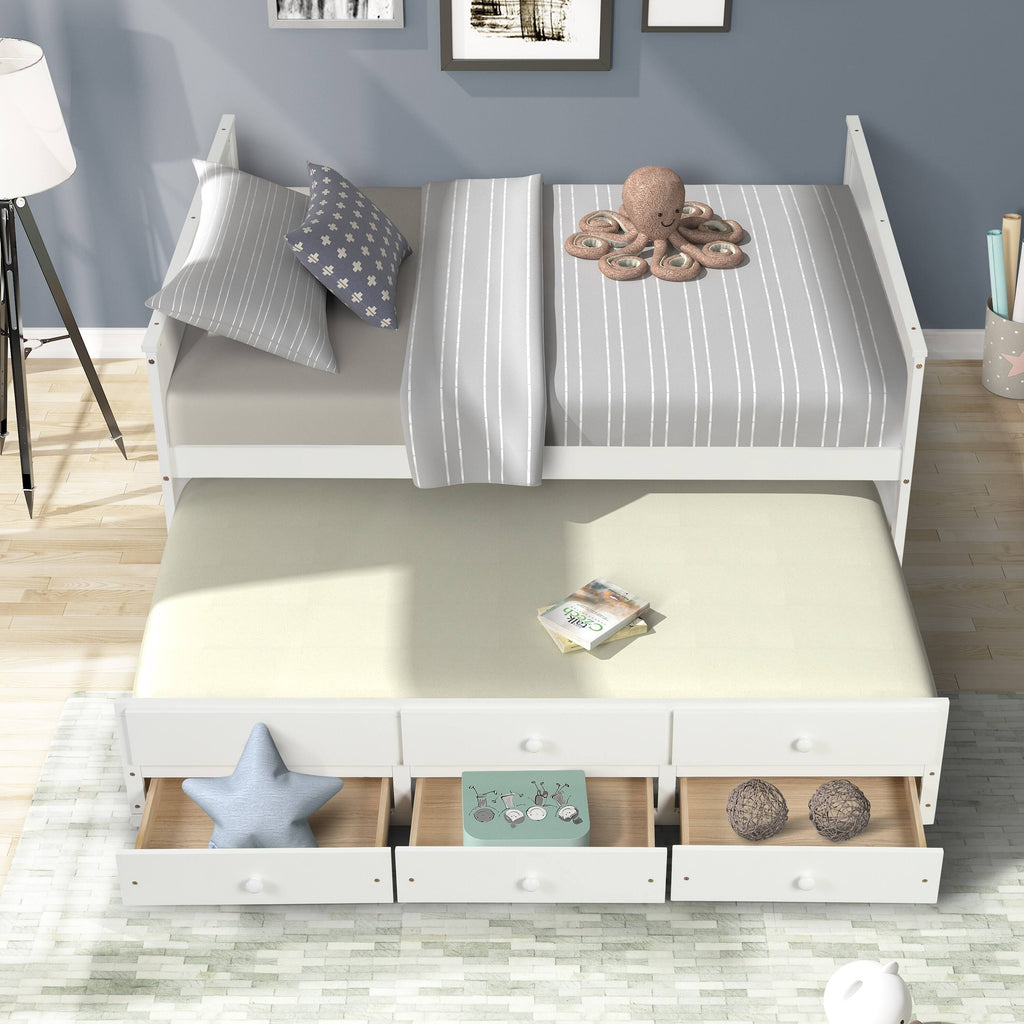 White Full Captain Bed with Twin Trundle and 3 Drawers H87822