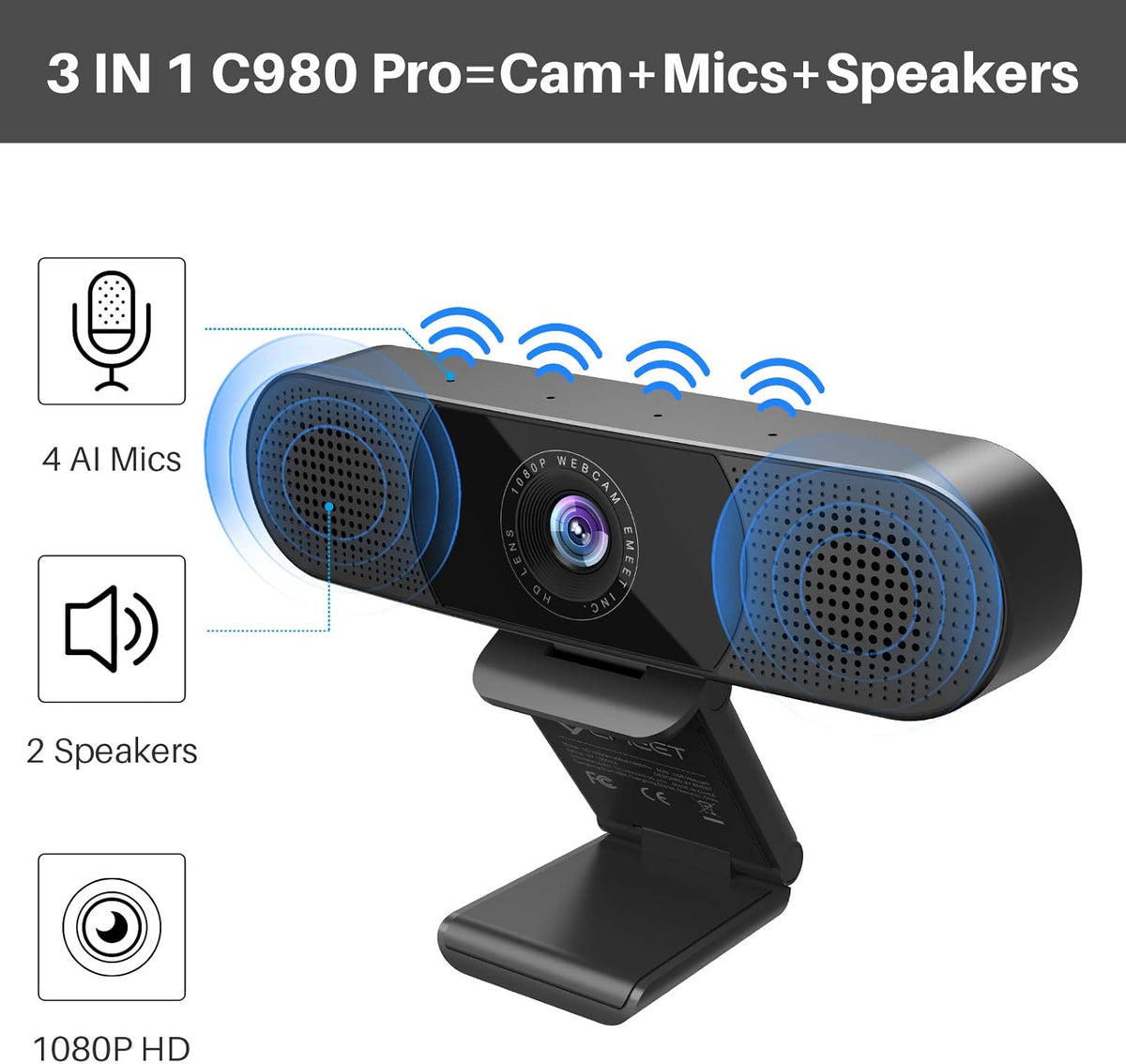 3 in 1 Webcam with Microphone, 2 Speakers, 4 Built-in Omnidirectional Microphone Arrays, 1080P N869495