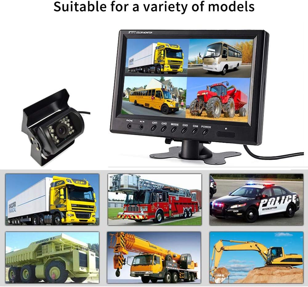 9'' Quad Split Screen HD Rear Backup Camera Monitor System, Waterproof IR Night Vision Backup Camera A1745