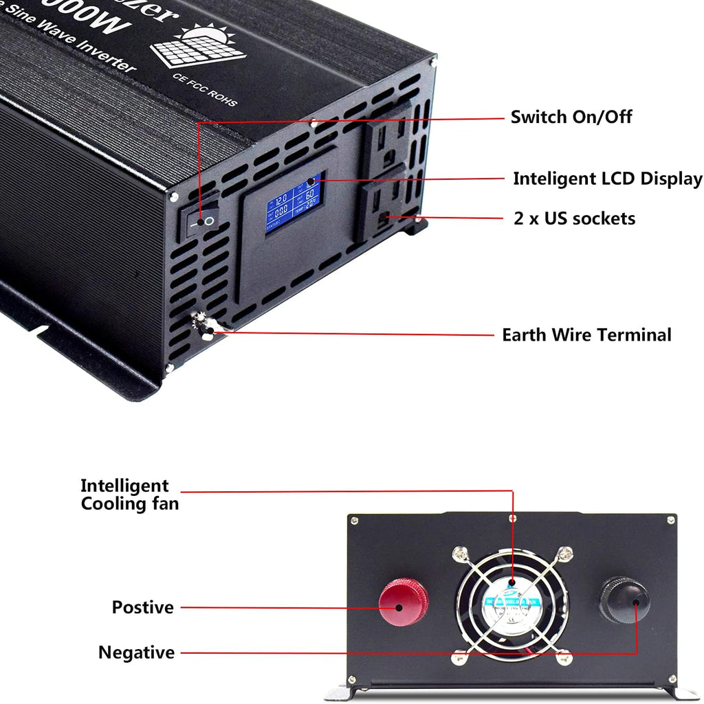 2500w 12v Pure Sine Wave Power Inverter DC to AC 110v 120v with Dual US Outlet, Hardwire Terminal, LCD Display K191458