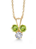 14K Yellow Gold Green Peridot and White Created Sapphire 3-Stone Pendant Necklace N4083