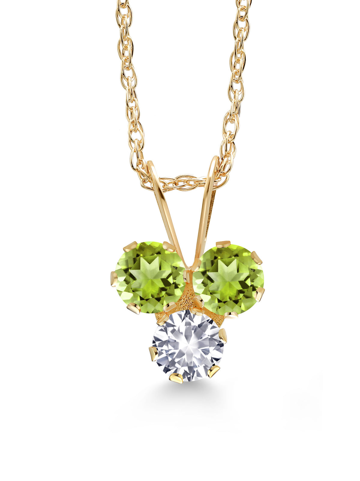 14K Yellow Gold Green Peridot and White Created Sapphire 3-Stone Pendant Necklace N4083