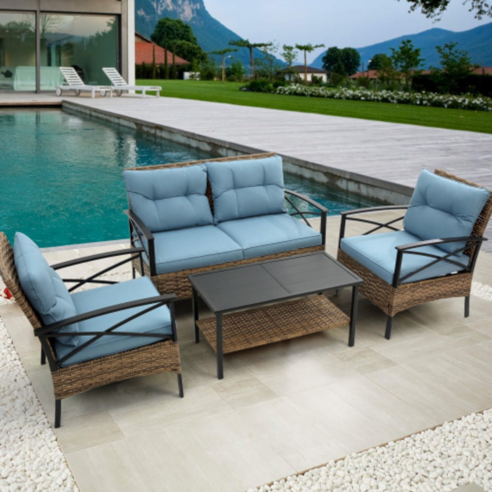 4 Piece Rattan Wicker Outdoor Corner Sofa Set with Cushion G8833