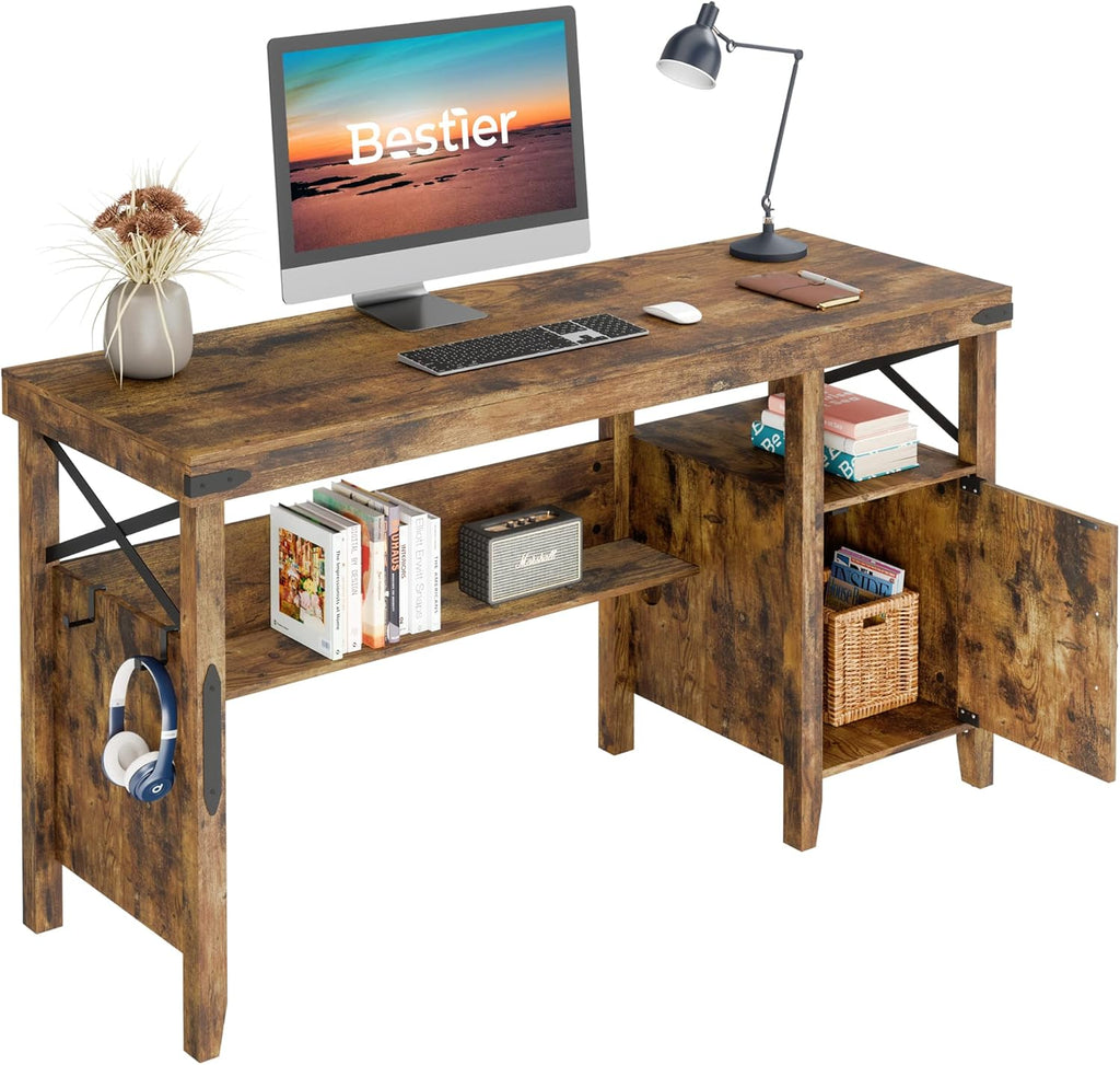 Rustic Brown 55 Inch Computer Desk with Storage Cabinet R5649