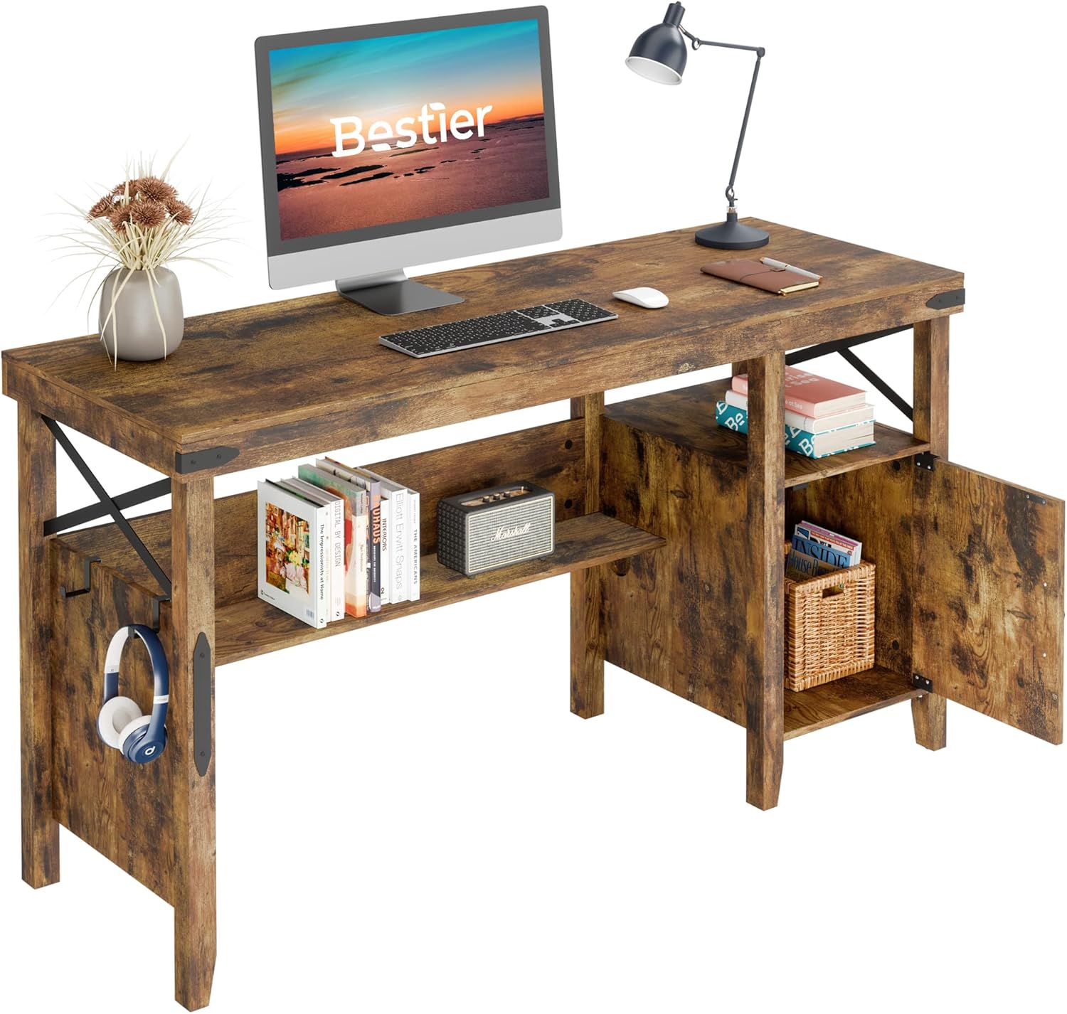 Rustic Brown 55 Inch Computer Desk with Storage Cabinet R5649