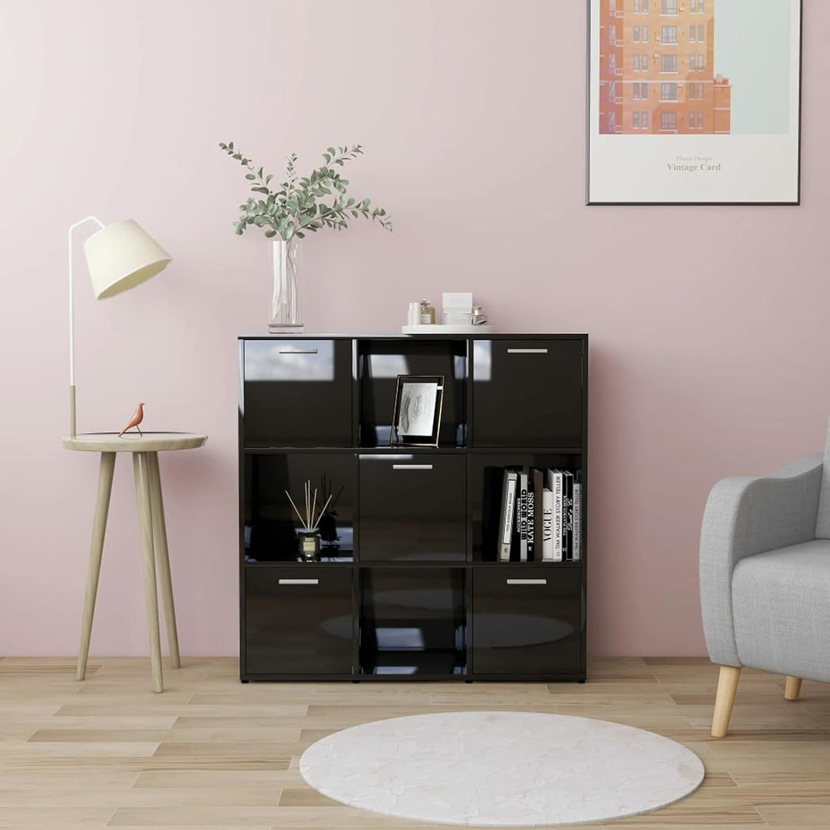 High Gloss White Chipboard Bookcase with Storage Shelves and Door Cabinet W233