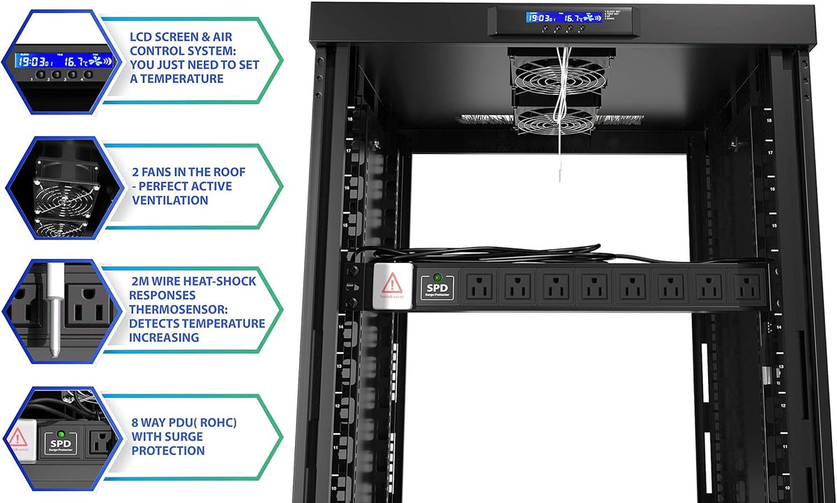 15U 35 inch Deep Server Rack Cabinet Enclosure with Cooling Fans, LCD Screen, Thermostat, PDU, Casters, Shelf W900740