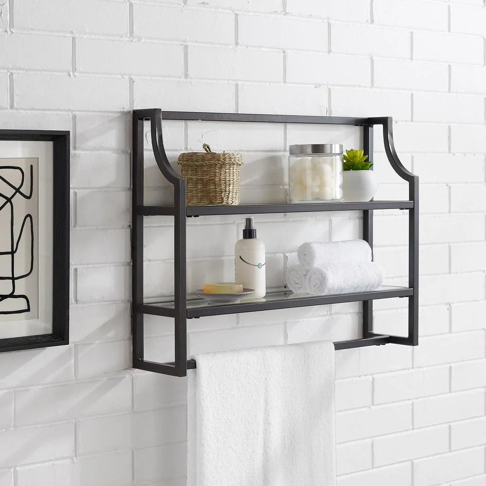 Oil Rubbed Bronze 2 Shelf Glass Metal Wall Shelf M387