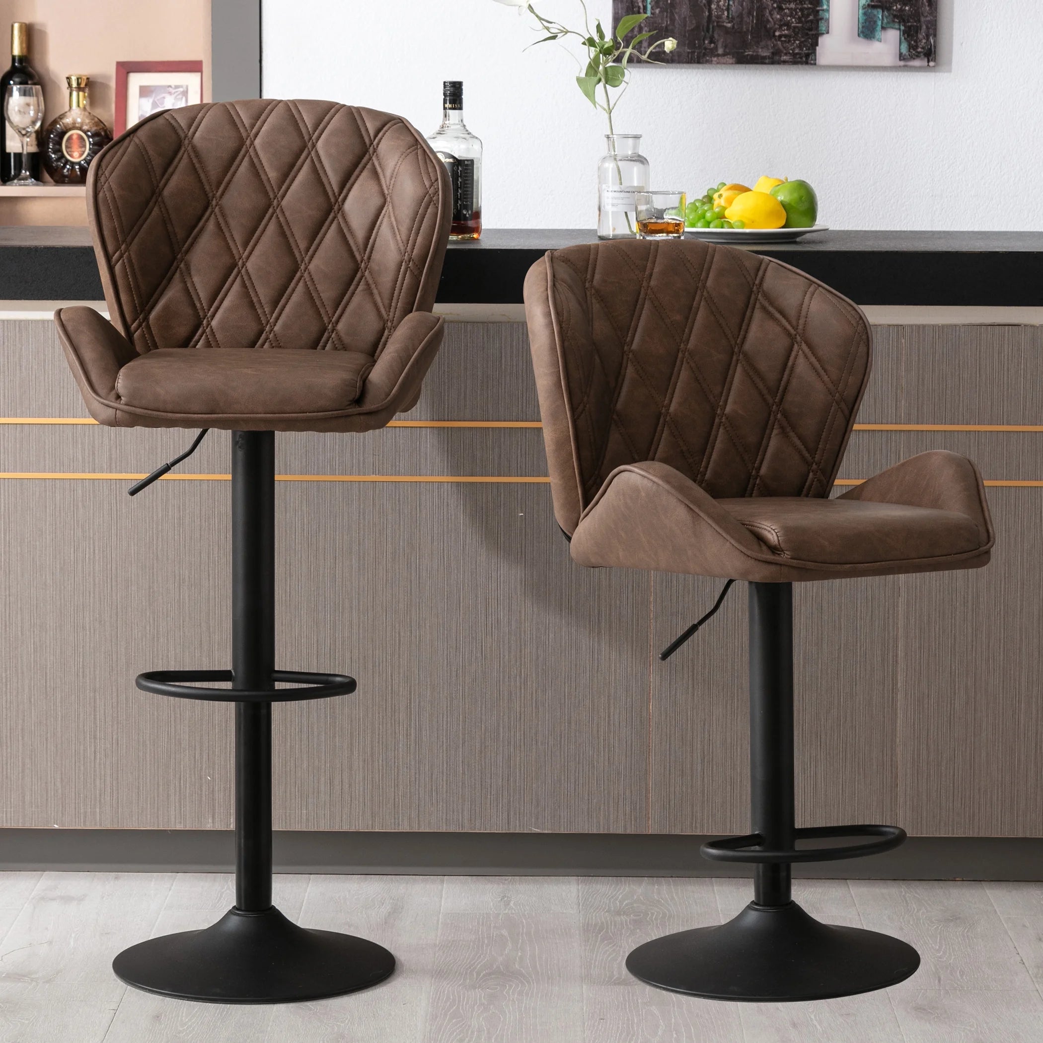 Brown Velvet Bar Stools Set of 2 with Armrest S3781