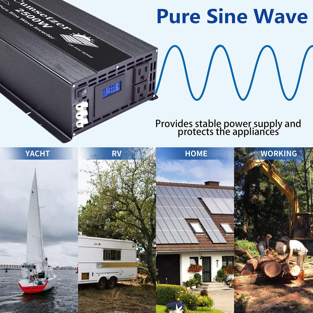 2500w 12v Pure Sine Wave Power Inverter DC to AC 110v 120v with Dual US Outlet, Hardwire Terminal, LCD Display K191458