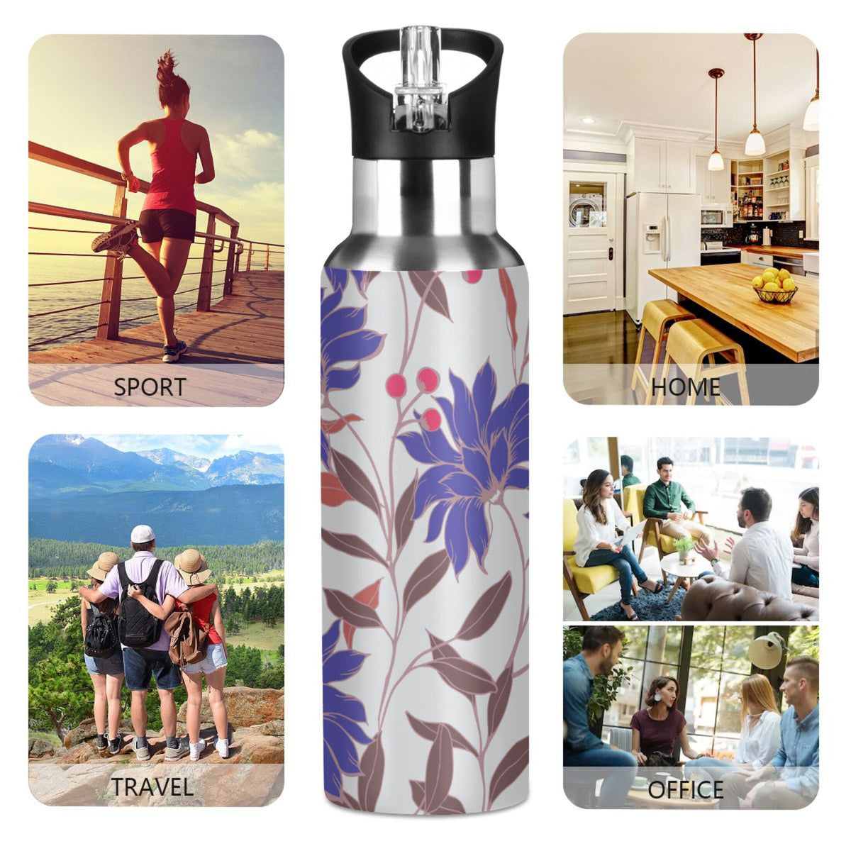 Blue Floral Stainless Steel Insulated Water Bottle with Straw Lid T377995