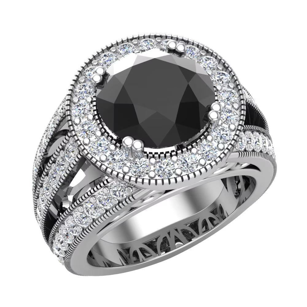 14K White Gold Black Diamond Engagement Ring 4.55 Carat Round Cut Halo W658160