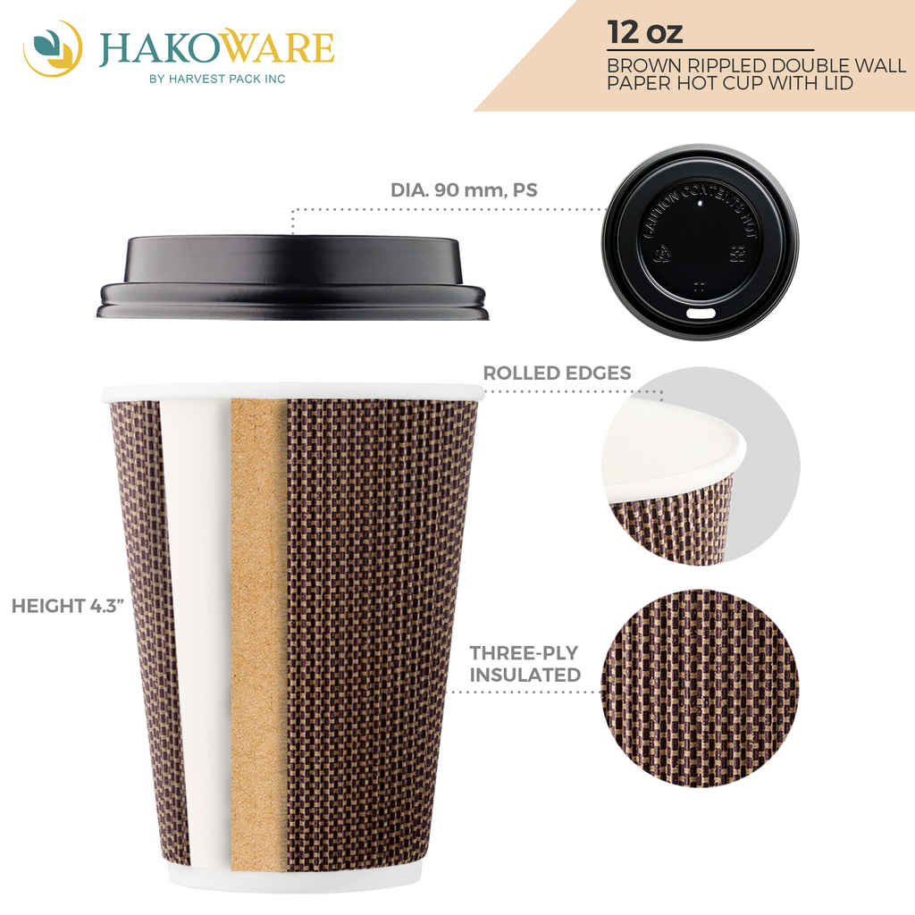Disposable 12 fl oz Brown Rippled Double-Walled Paper Hot Cup with Lid 400 Sets Y60724