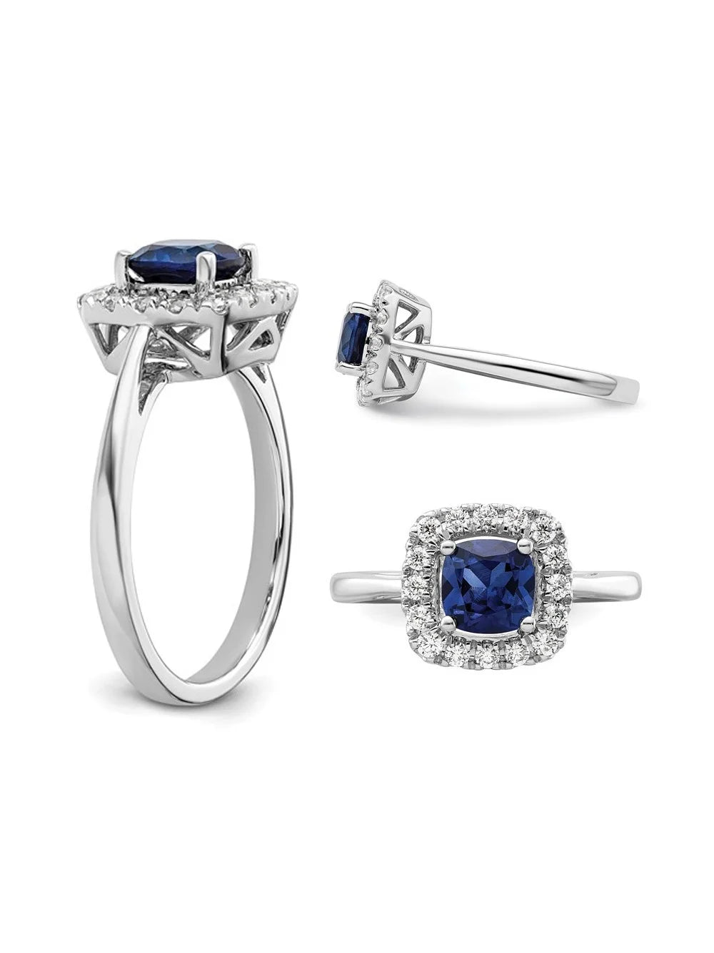 14K White Gold Blue Sapphire Ring with Lab-Grown Diamonds I4486