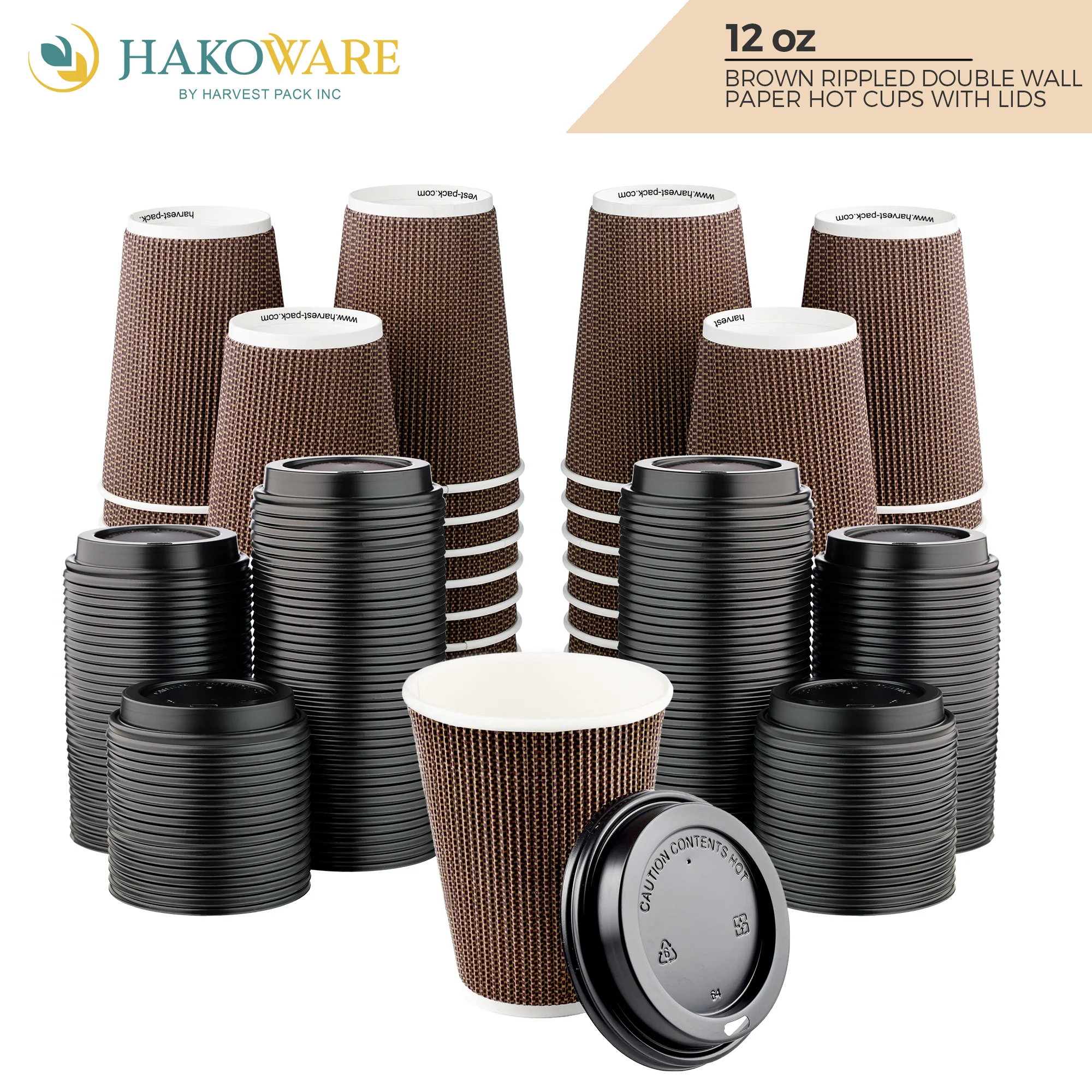 Disposable 12 fl oz Brown Rippled Double-Walled Paper Hot Cup with Lid 400 Sets Y60724