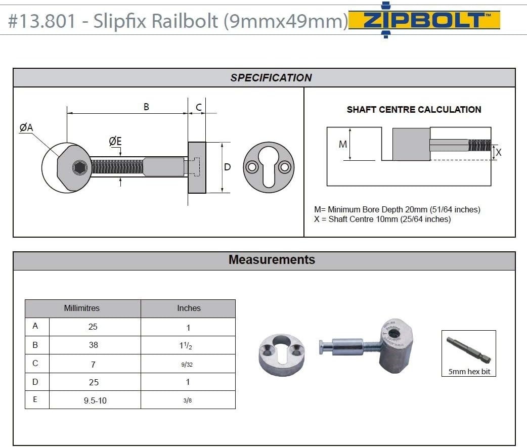 Slipfix Railbolt 10 Bulk Pack with 5mm Hex Bit J7995