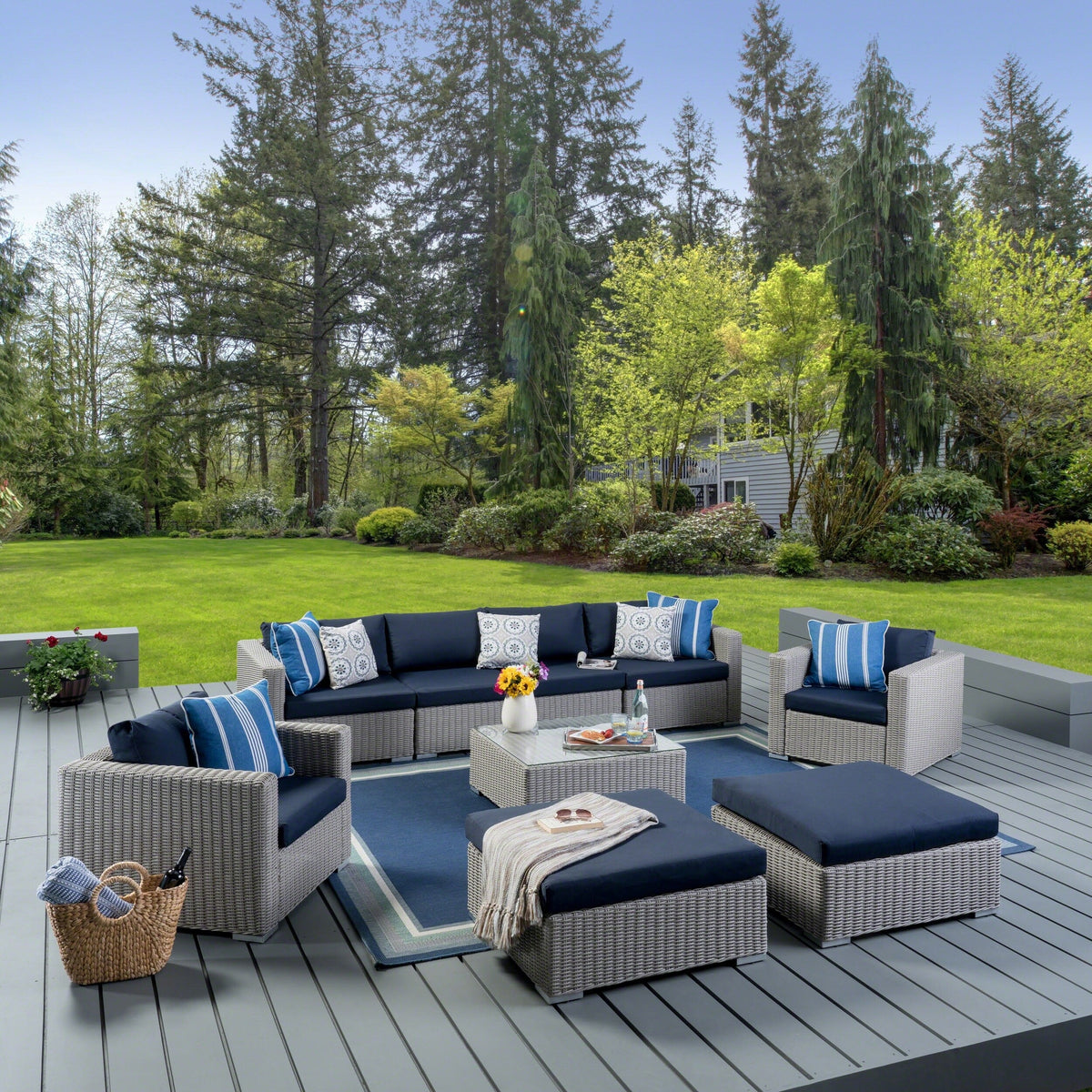 Outdoor Wicker 9-Piece Sectional Sofa with Cushions and Ottomans X1425