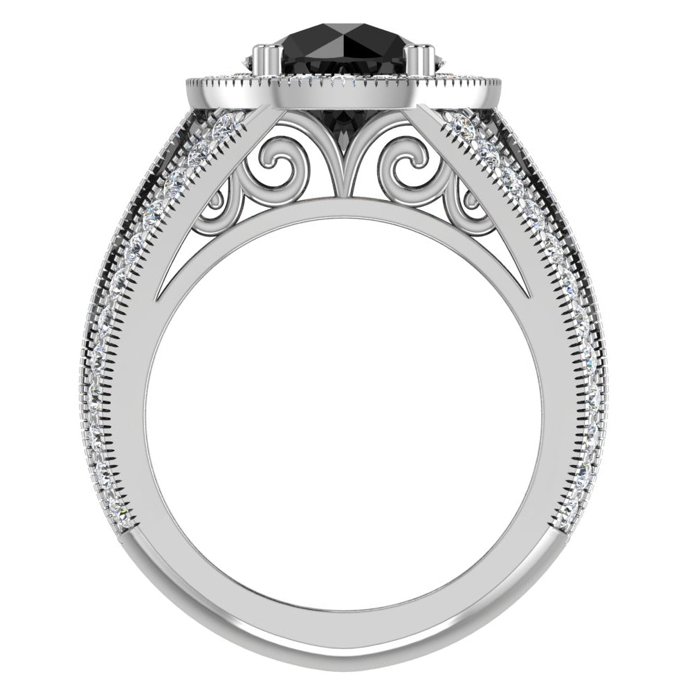 14K White Gold Black Diamond Engagement Ring 4.55 Carat Round Cut Halo W658160