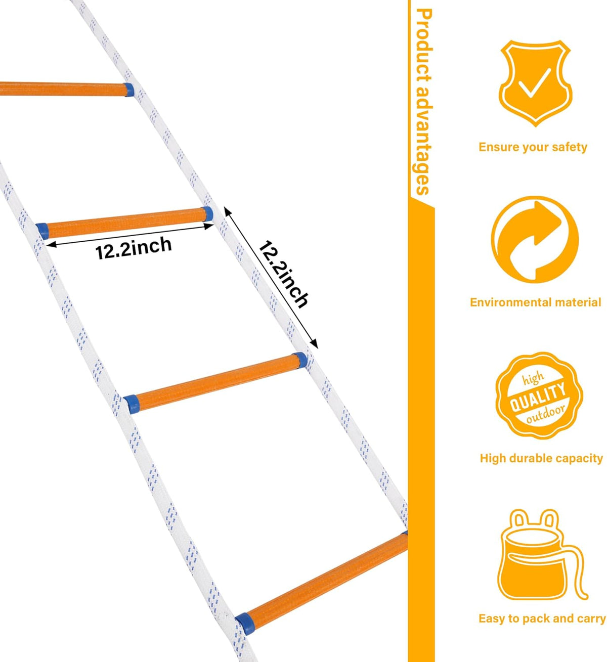 Emergency Fire Escape Ladder Flame Resistant Safety Extension Rope Ladder with 2 Hooks, 2M 6.6FT L340240