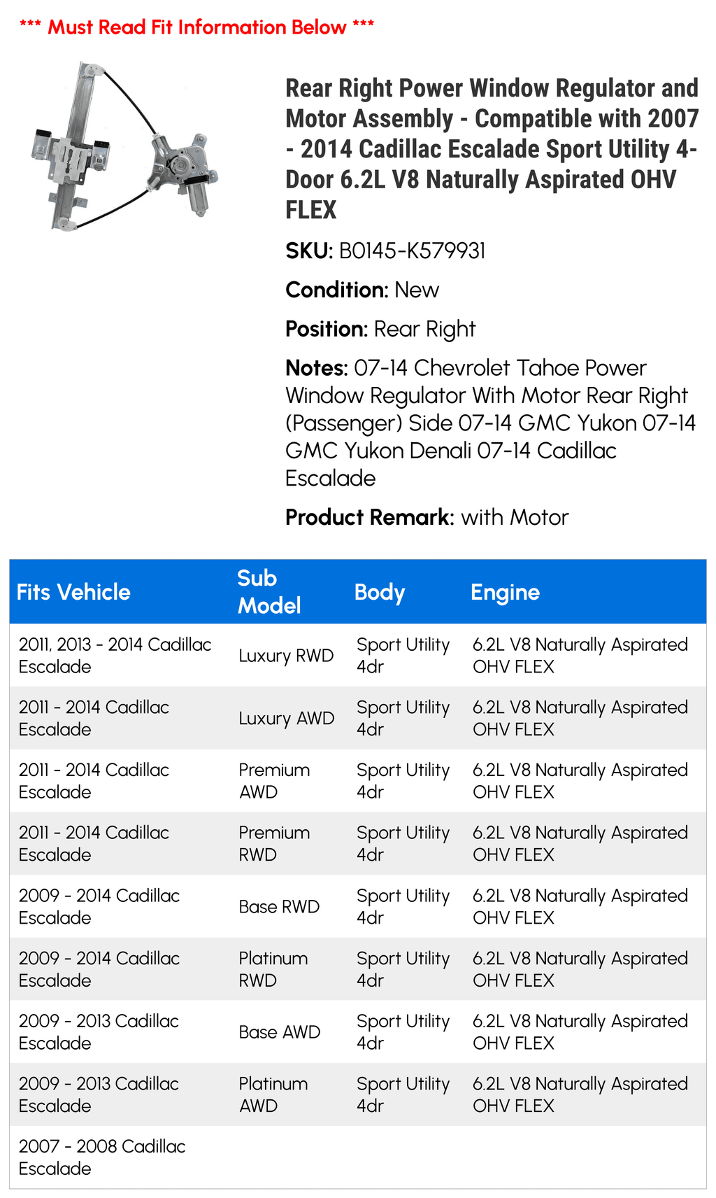 Rear Right Power Window Regulator and Motor Assembly I7371
