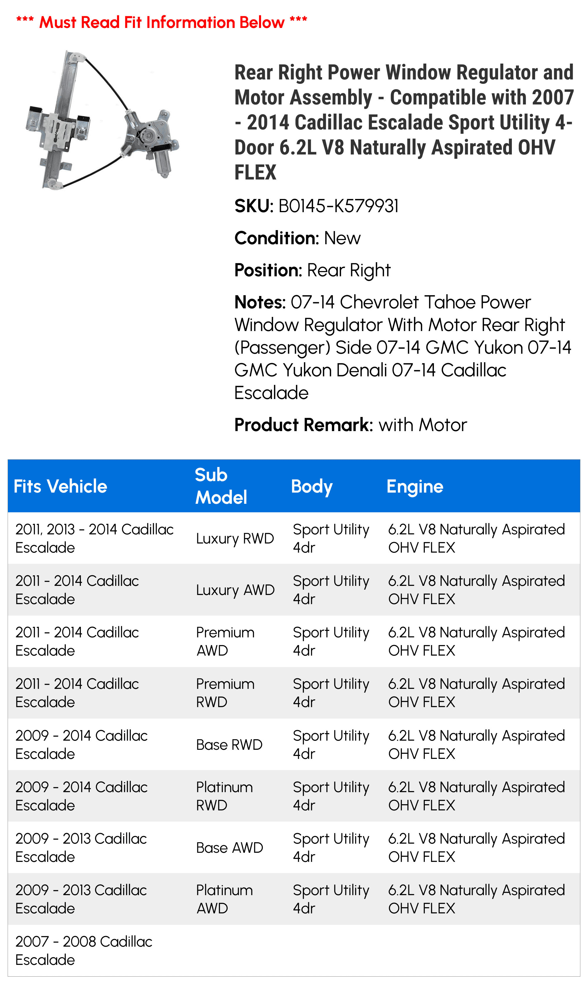 Rear Right Power Window Regulator and Motor Assembly I7371