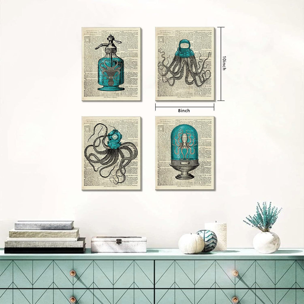 Octopus Nautical Bathroom Wall Decor, 8x10 inch Set of 4 Canvas Wall Art P2407