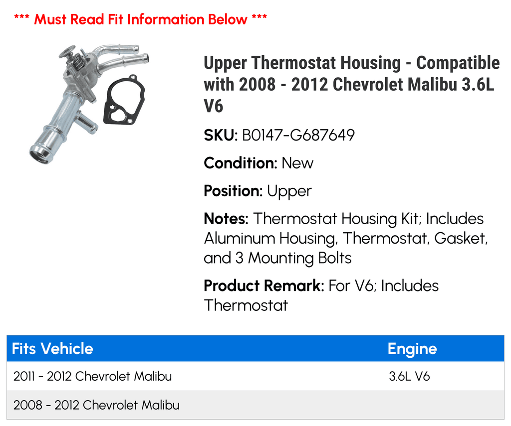 Thermostat Housing for 2008-2012 Chevy Malibu 3.6L V6 R9418