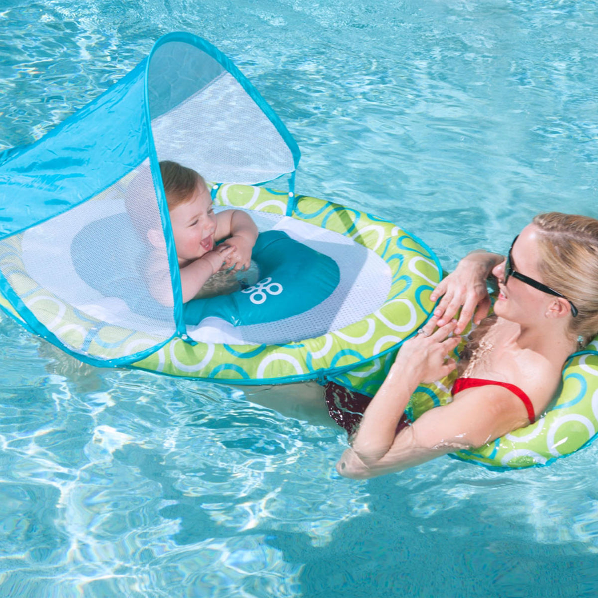 Green/Blue Inflatable Baby Spring Float with Removable UPF 50 Sun Canopy D2449