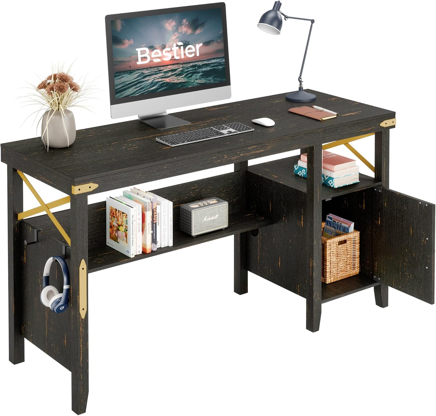 Rustic Brown 55 Inch Computer Desk with Storage Cabinet R5649