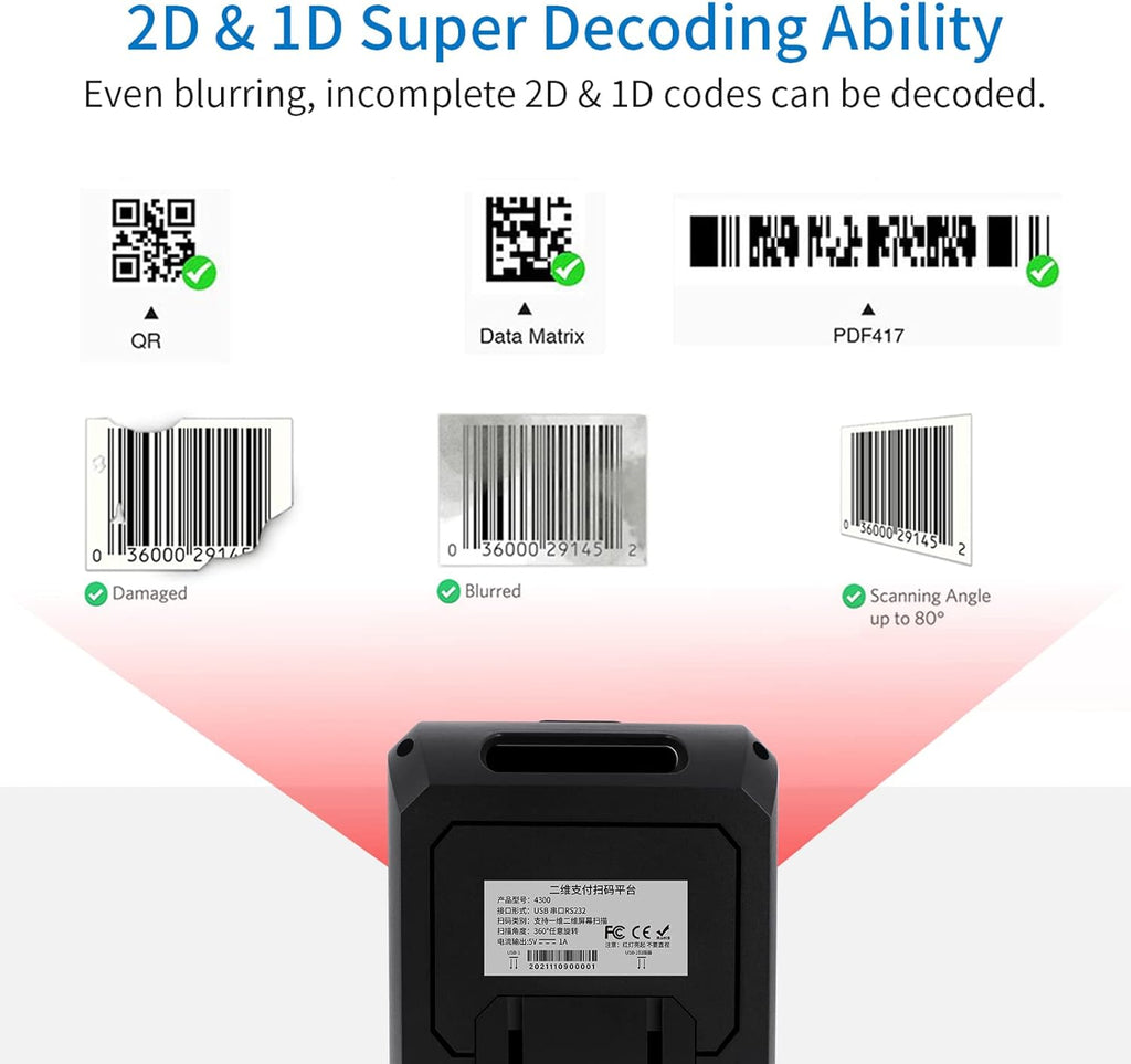 2D Desktop Barcode Scanner, USB Wired QR Barcode Reader C404
