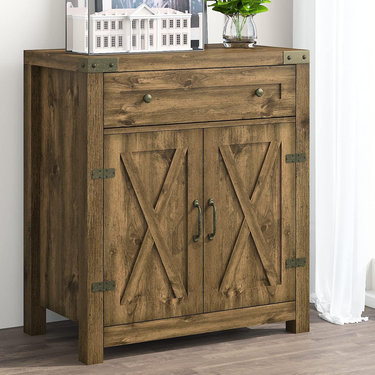 Storage Cabinet with Drawer & 2 Doors, Adjustable Shelves, 32 Inches, Rustic Oak A607054