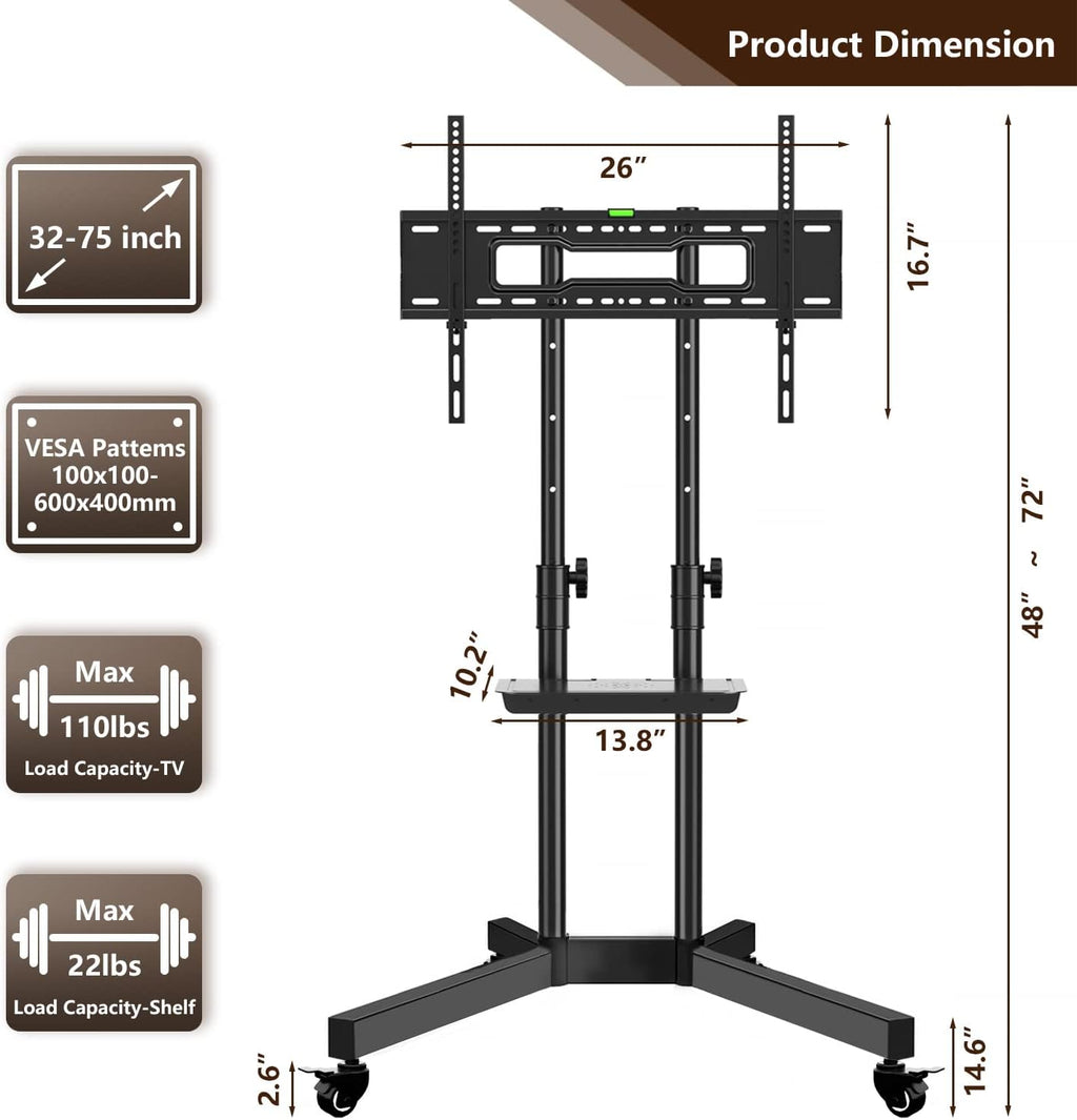 Mobile TV Stand with Wheels, Height Adjustable Rolling TV Stand with Laptop Shelf, Max VESA 600x400, Black J199