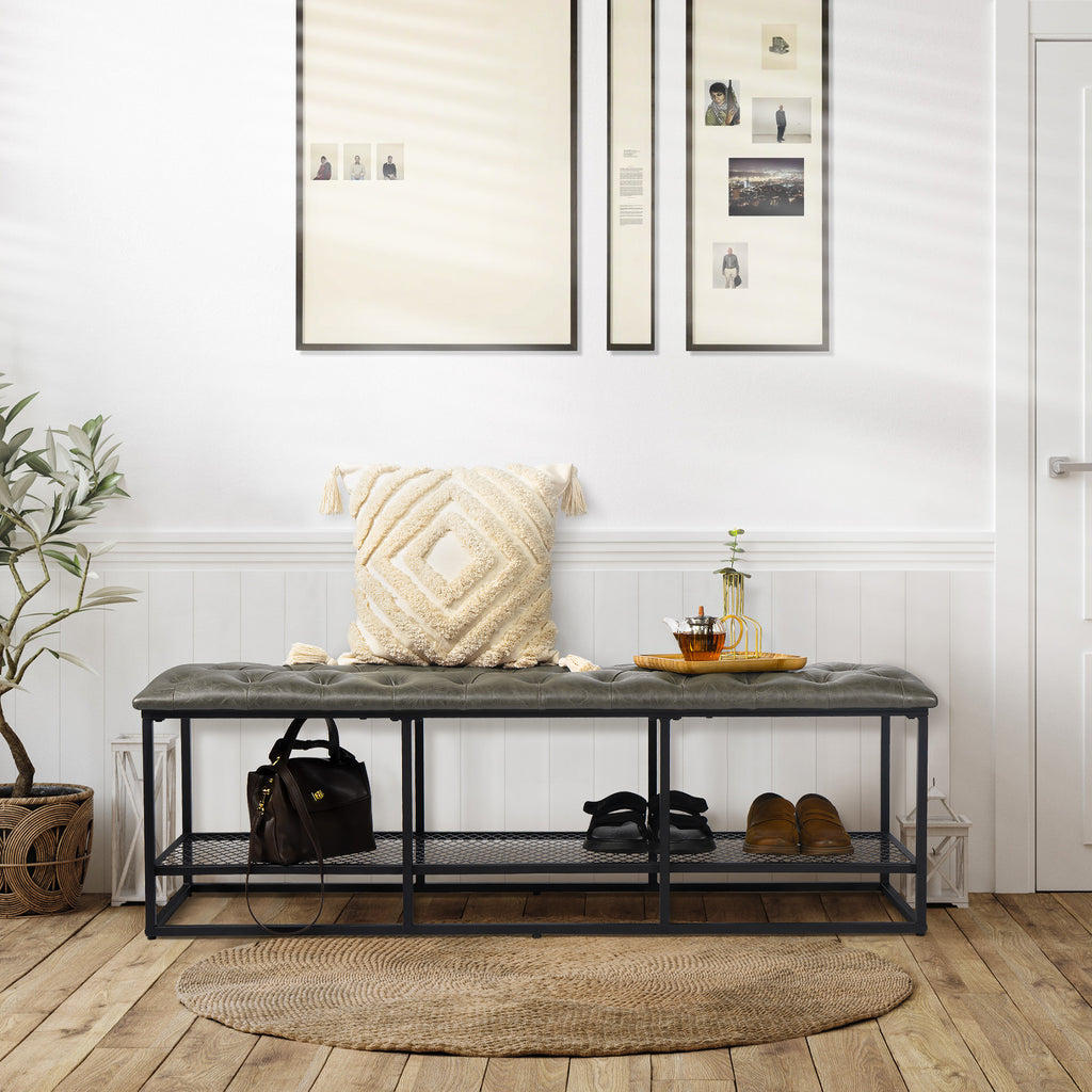 Gray Green Button Tufted Faux Leather Storage Bench F288310