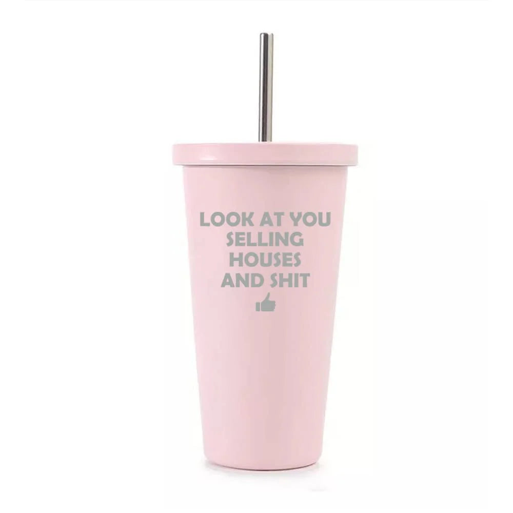 16 oz Stainless Steel Double Wall Insulated Tumbler Travel Mug With Straw O777