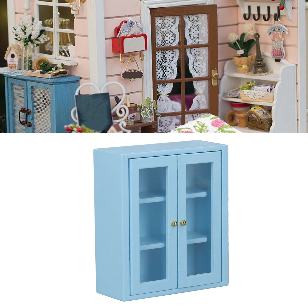 Blue Wooden Dollhouse Wall Cabinet J9499
