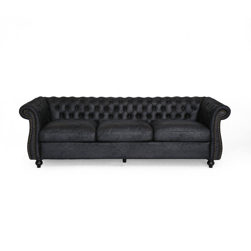 Navy Blue Tufted Microfiber Sofa with Scroll Arms A87942
