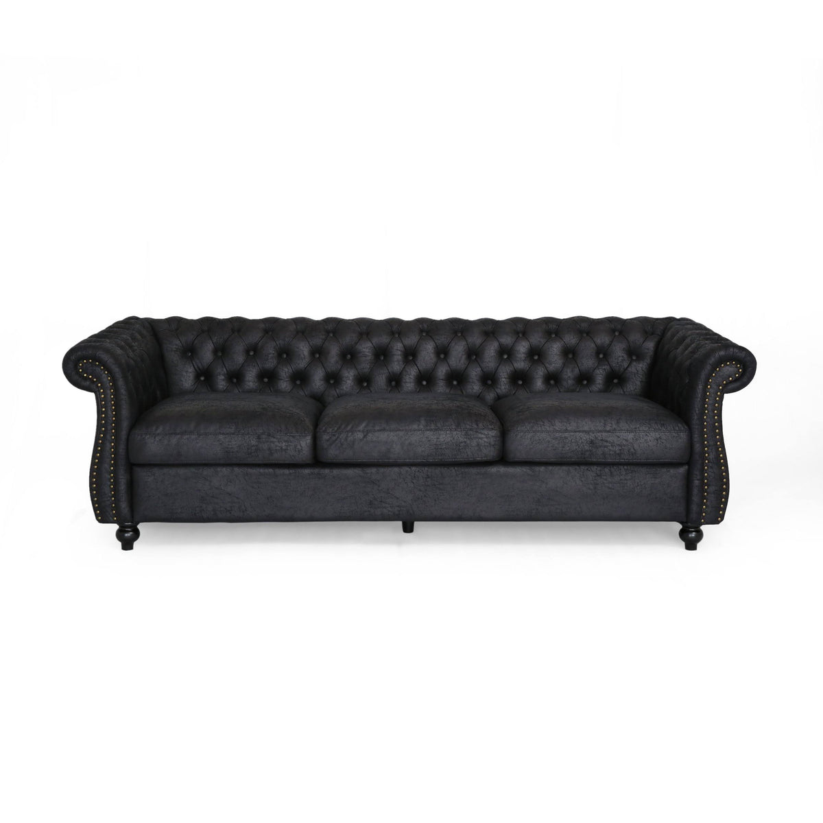 Navy Blue Tufted Microfiber Sofa with Scroll Arms A87942