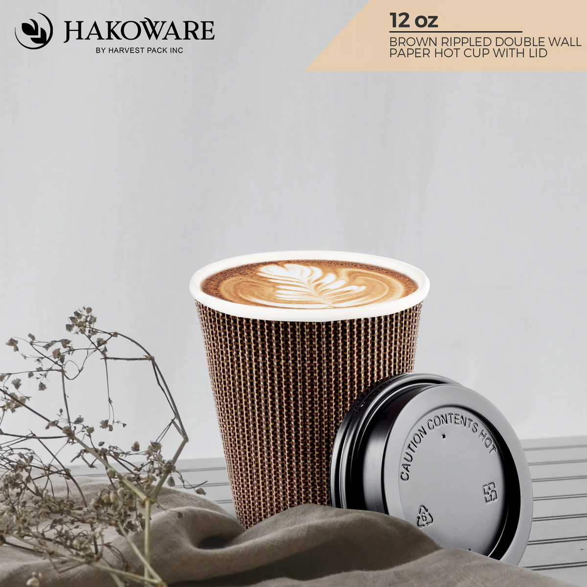Disposable 12 fl oz Brown Rippled Double-Walled Paper Hot Cup with Lid 400 Sets Y60724