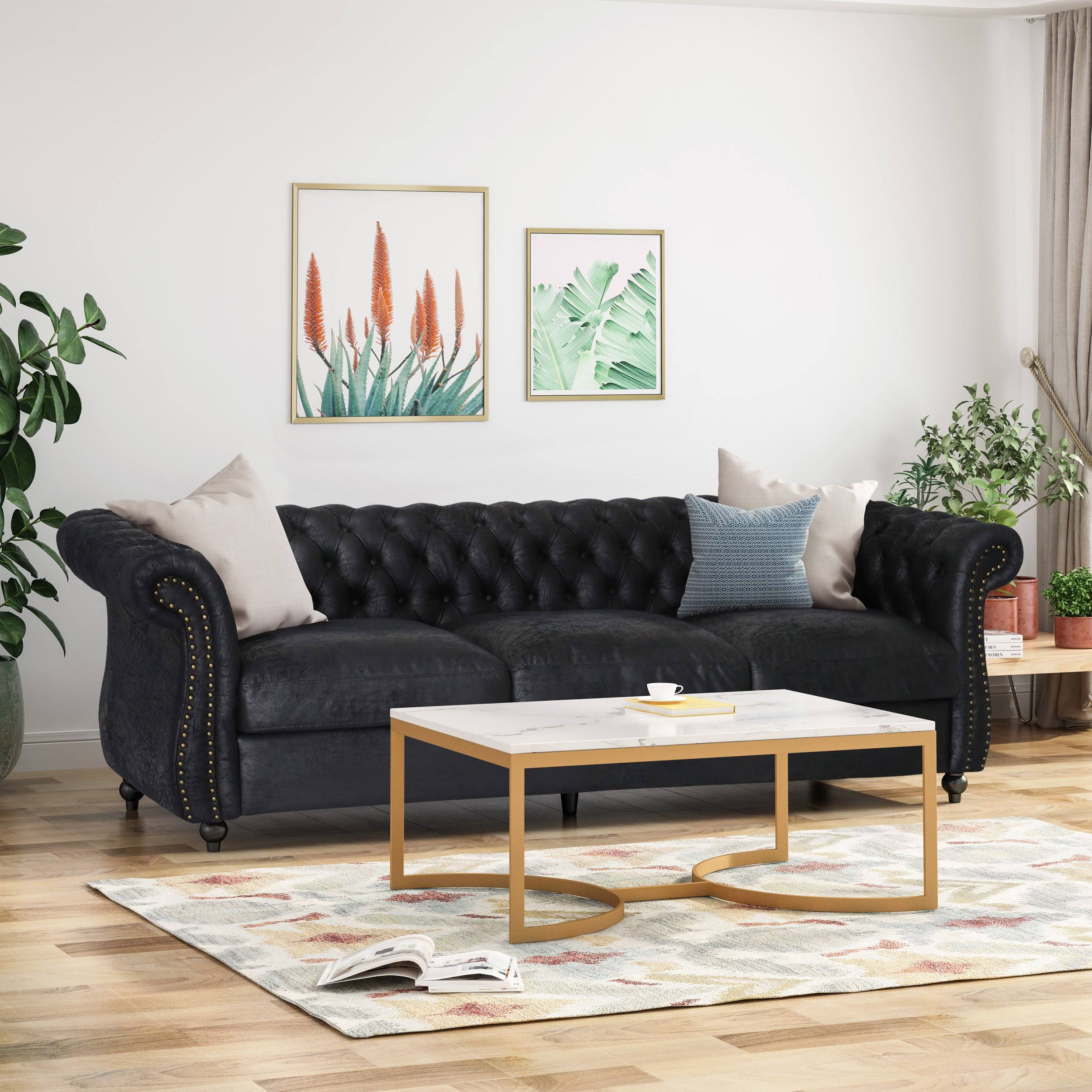 Navy Blue Tufted Microfiber Sofa with Scroll Arms A87942