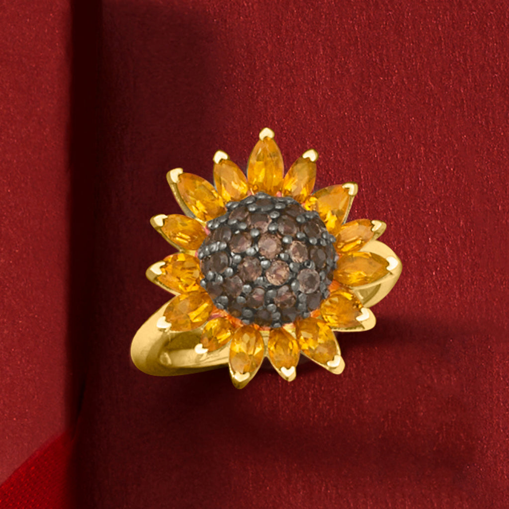 1.70 ct. t.w. Citrine and .80 ct. t.w. Smoky Quartz Sunflower Ring in 18kt Gold Over Sterling D499