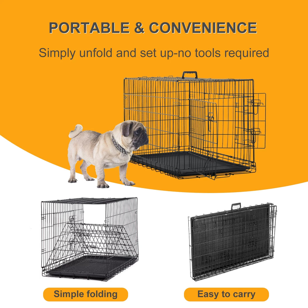 Black 42 inch Folding Wire Dog Crate with Divider and Double Door V979