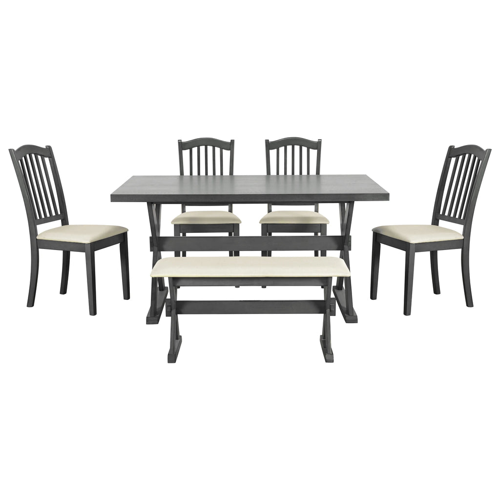 6 Piece Wood Dining Table Set with Bench and 4 Cushioned Chairs V347293
