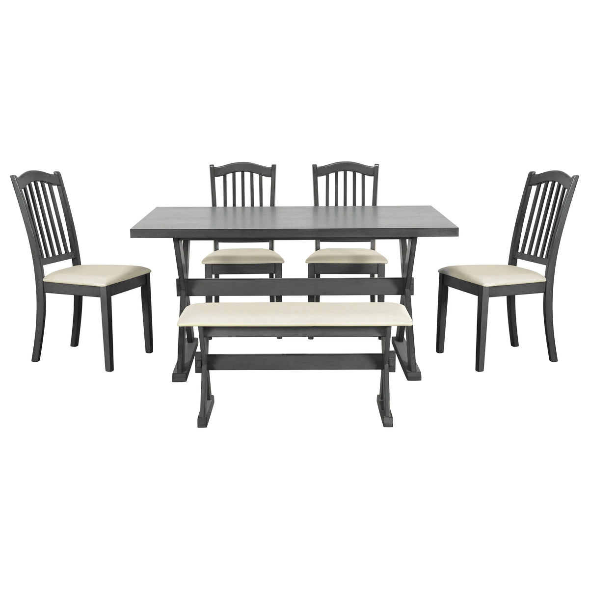 6 Piece Wood Dining Table Set with Bench and 4 Cushioned Chairs V347293