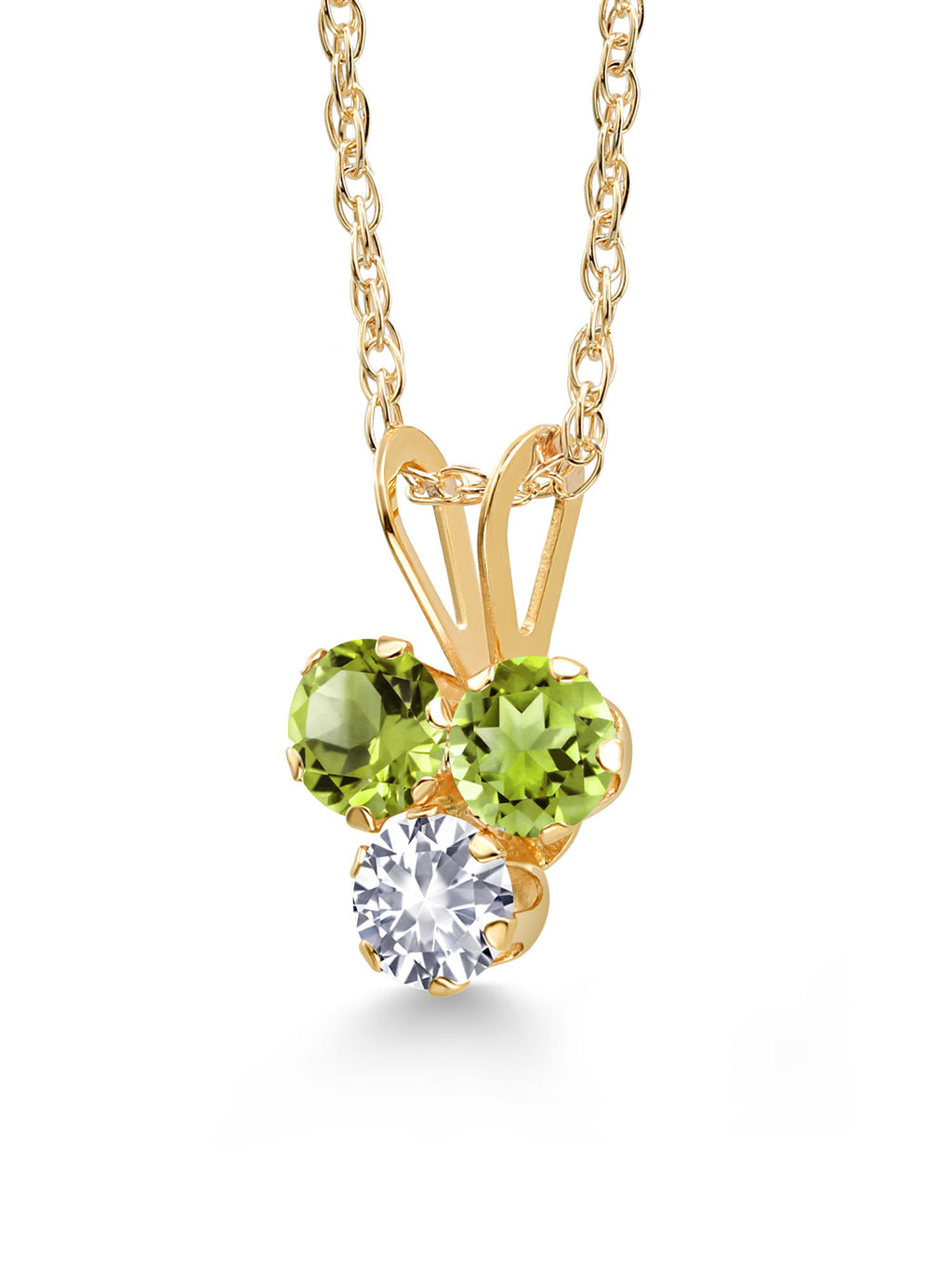 14K Yellow Gold Green Peridot and White Created Sapphire 3-Stone Pendant Necklace N4083